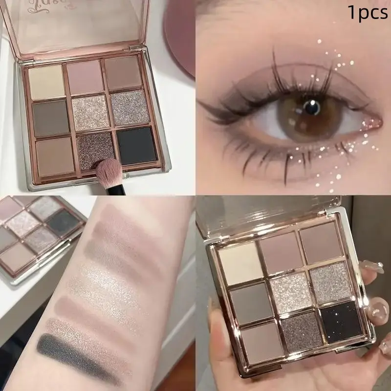 9-color eyeshadow palette, featuring cool-toned smoky grays, warm browns, and soft matte shades mixed with sheer shimmer. Low-saturation earthy colors, finely milled powder, even application, perfect for creating a cozy everyday eye look.