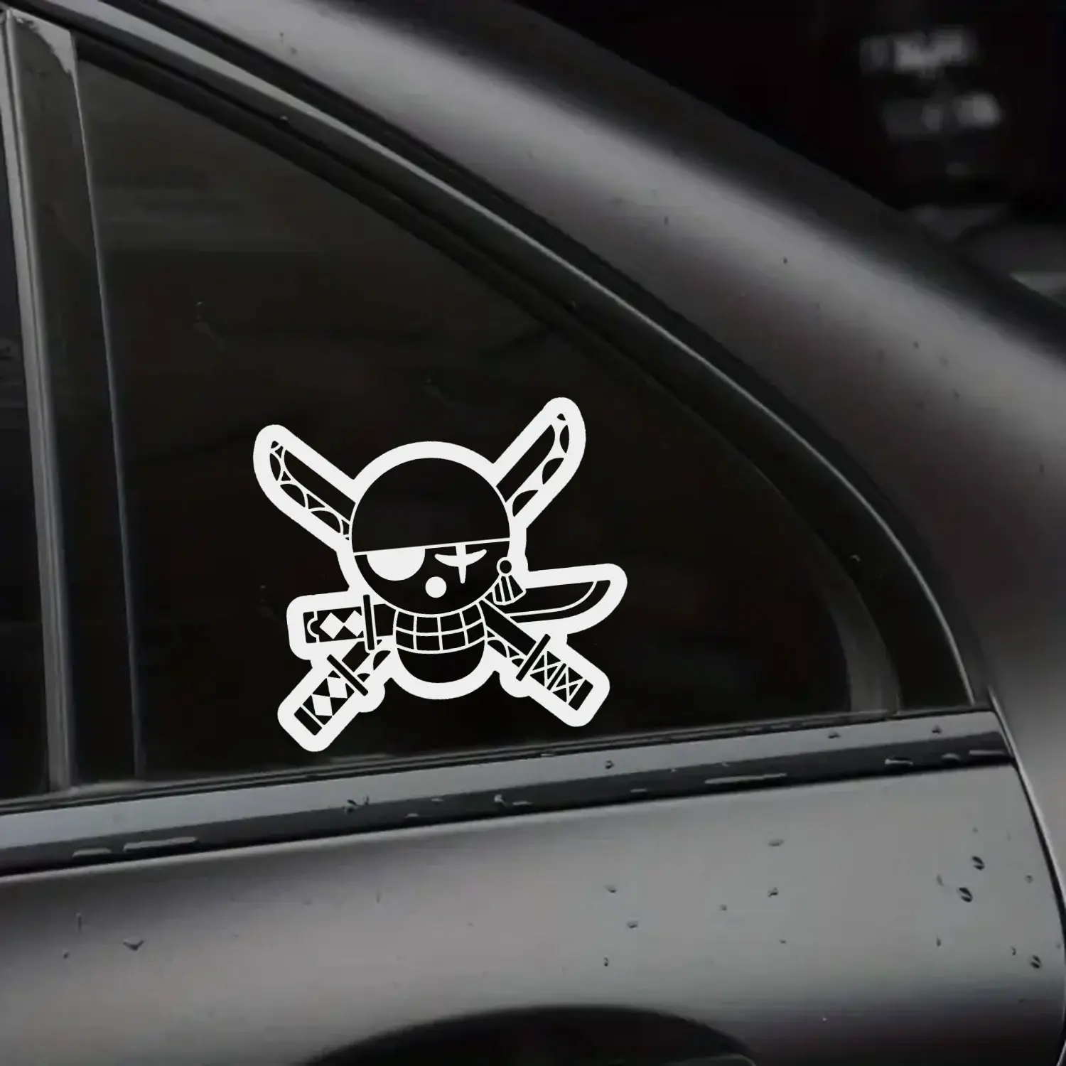Pirate Skull Crossed Swords Car Decal, Anime Style Pirate Vinyl Sticker, Adventure Cartoon Window Bumper Sticker, Waterproof Laptop Tumbler Decor, Minimalist Black White Design