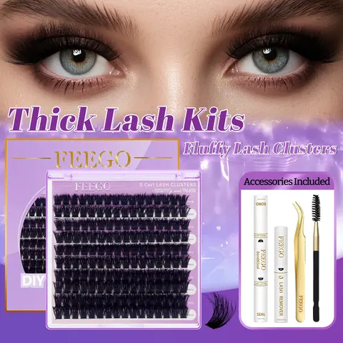 FEEGO Lash Cluster Eyelashes Kit - 200D, 10-20MM D Curl, 160pcs Individual Lashes with Bond, Seal, Remover, Applicator Brush for DIY Makeup (Box Set False Eyelashes & Adhesives)