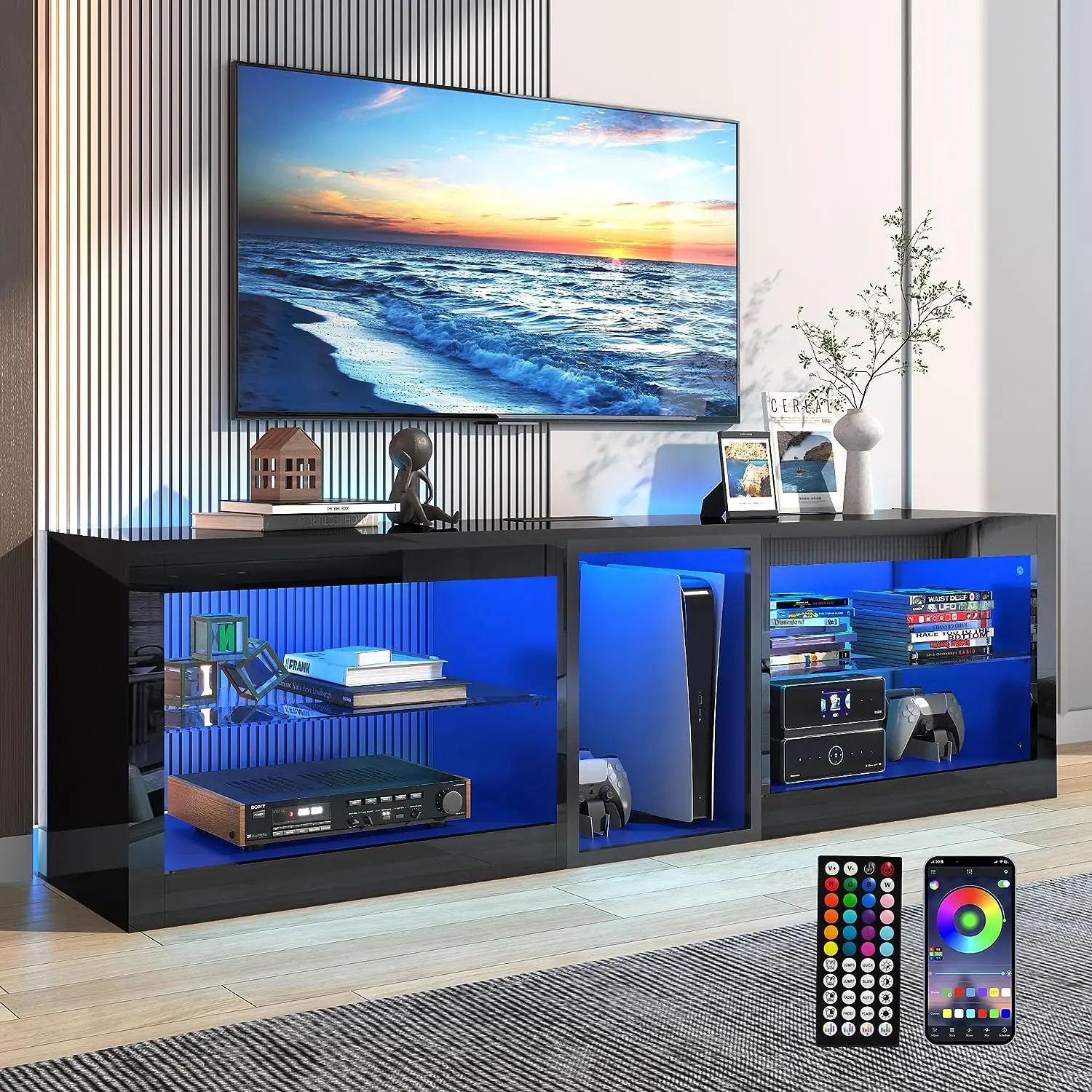 63inch LED TV Stand with Adjustable 60,000-color LED Light/Outlet for 60 65 70 inch TV,Modern High Gloss Entertainment Center with Glass Shelve for PS