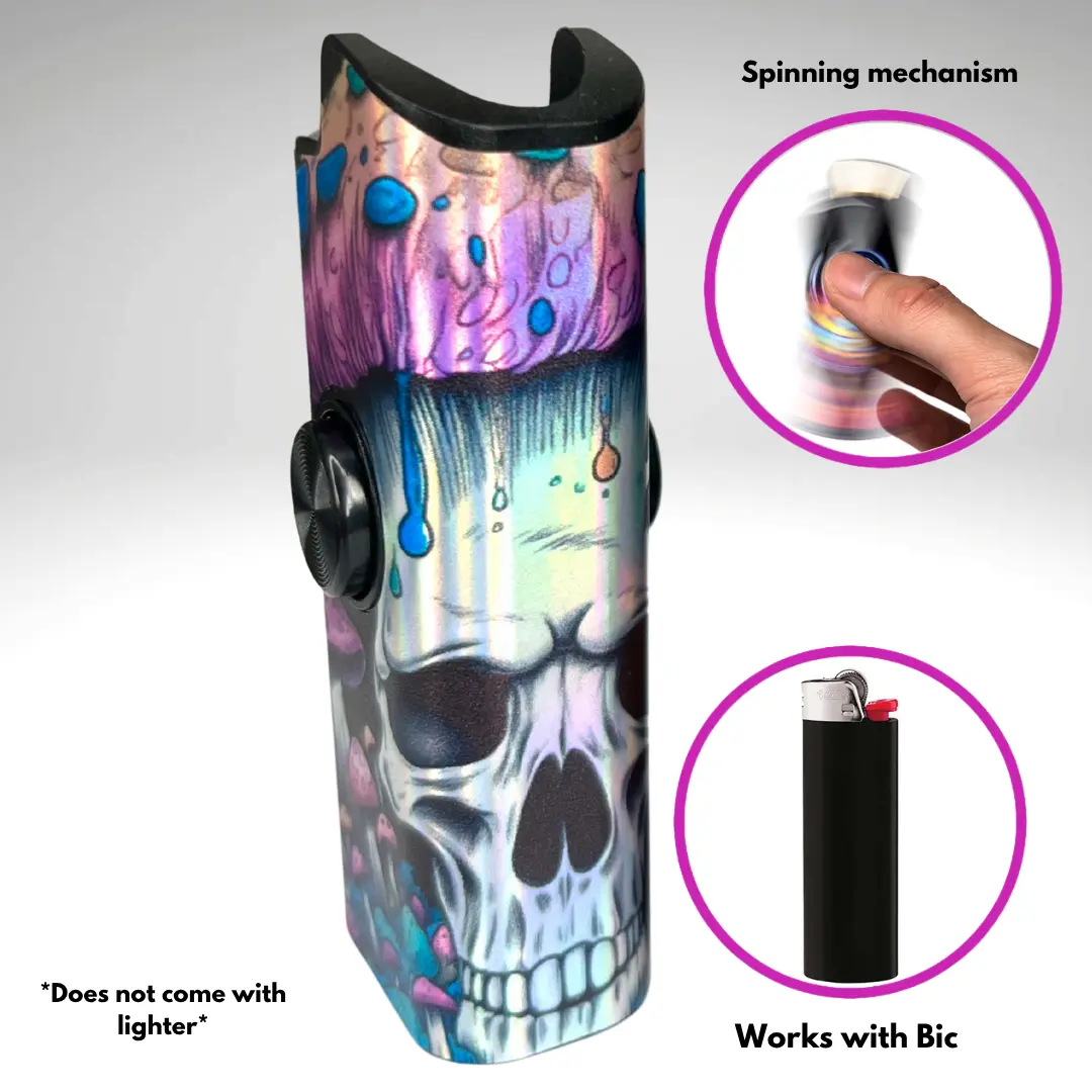 FLKR LYTR Skull-Mush Art Rotating Spinner Lighter Cover - BIC-Compatible Standard Size Holder, 2.35×1.04×0.63in Secure Polypropylene Plastic Accessory, Spin-to-Light Mechanism, Comfortable Stress Relief Adult Gift for Friends