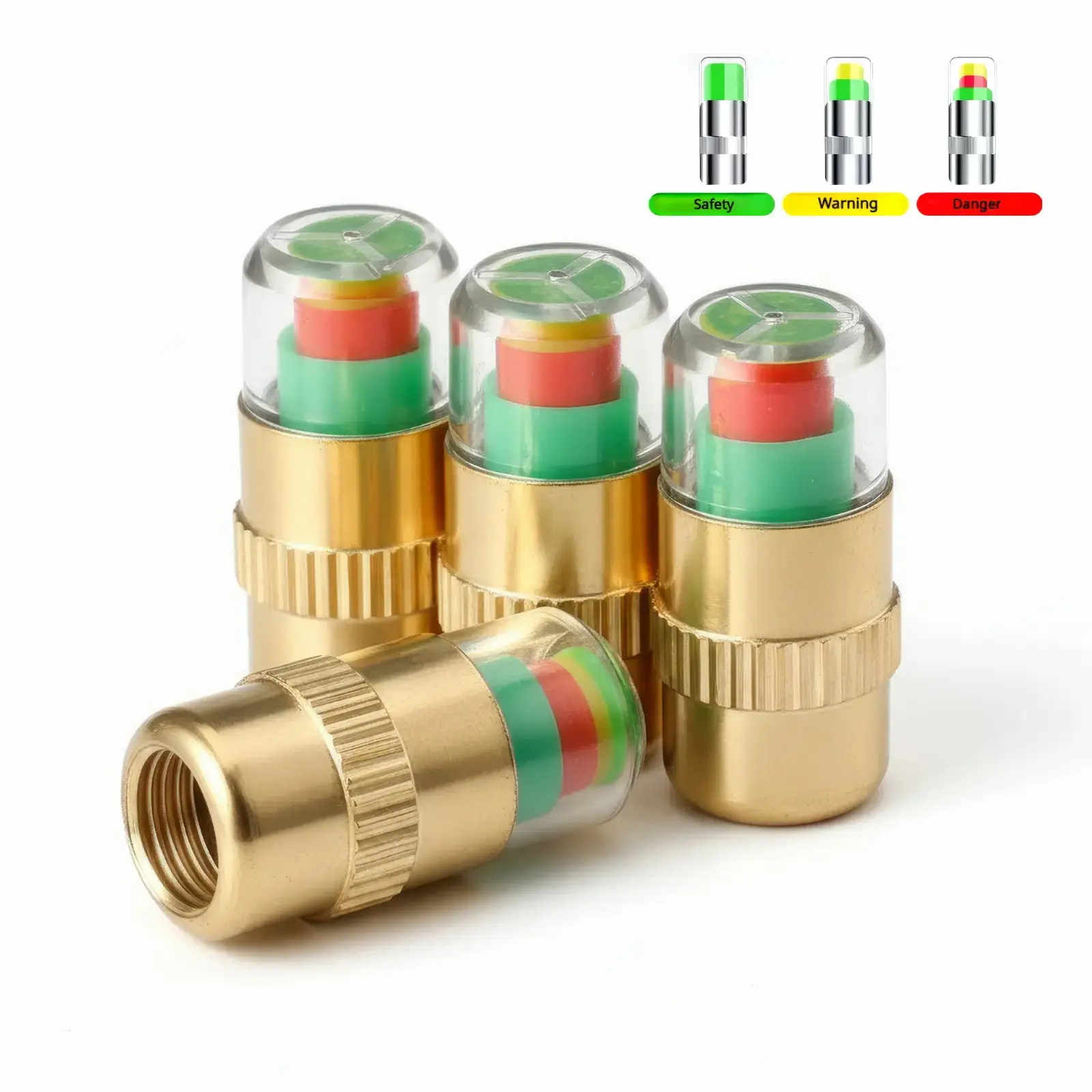 4 Pack Gold Tire Pressure Monitoring Valve Stem Caps, 36PSI / 2.4Bar 3 Color Visual Alert Tire Pressure Indicator Caps, Dust & Leak Proof Safety Tire Sensor Caps for Cars, Trucks, SUVs & Pickups, Essential Road Safety Car Accessory