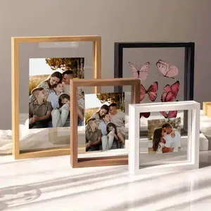 5pcs/ 1pc Floating Picture Frame - Double Plexiglass Display Frame for Polaroid Photos, Wall Mount or Tabletop Decor for Home Decoration，Beech Wood Frame, Desktop Frame, Office Frame, Family Frame, Acrylic Photo Frame