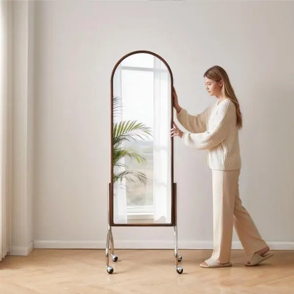 Bellemave Plain Elegant Classic Arched Full-Length Glass Mirror with Smooth Durable Rubber Wood Frame, Storage Shelves, Wheels - 2-in-1 Rolling Cart Dressing Mirror for Bedroom, Entryway Home Decor, Home Reflections, High Transparency