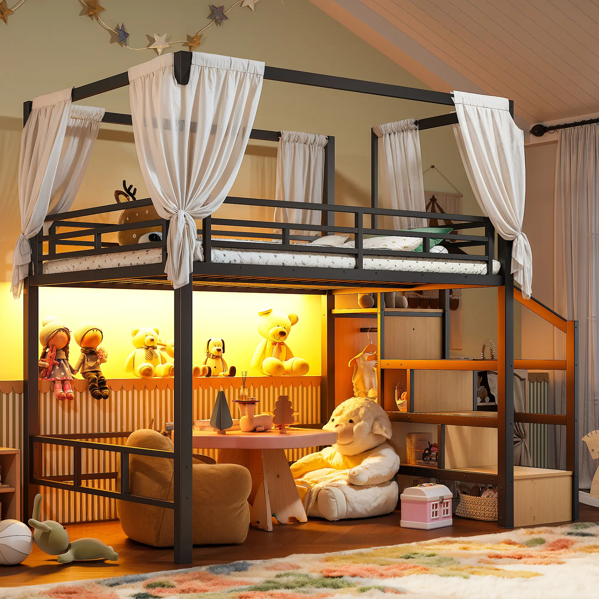 [Bellemave] Full/Queen Size Metal Loft Bed with Storage Stairs, Built-in Wardrobe and Canopy Frame, Black Loft Bed with Ample Underbed Space for Small Bedroom
