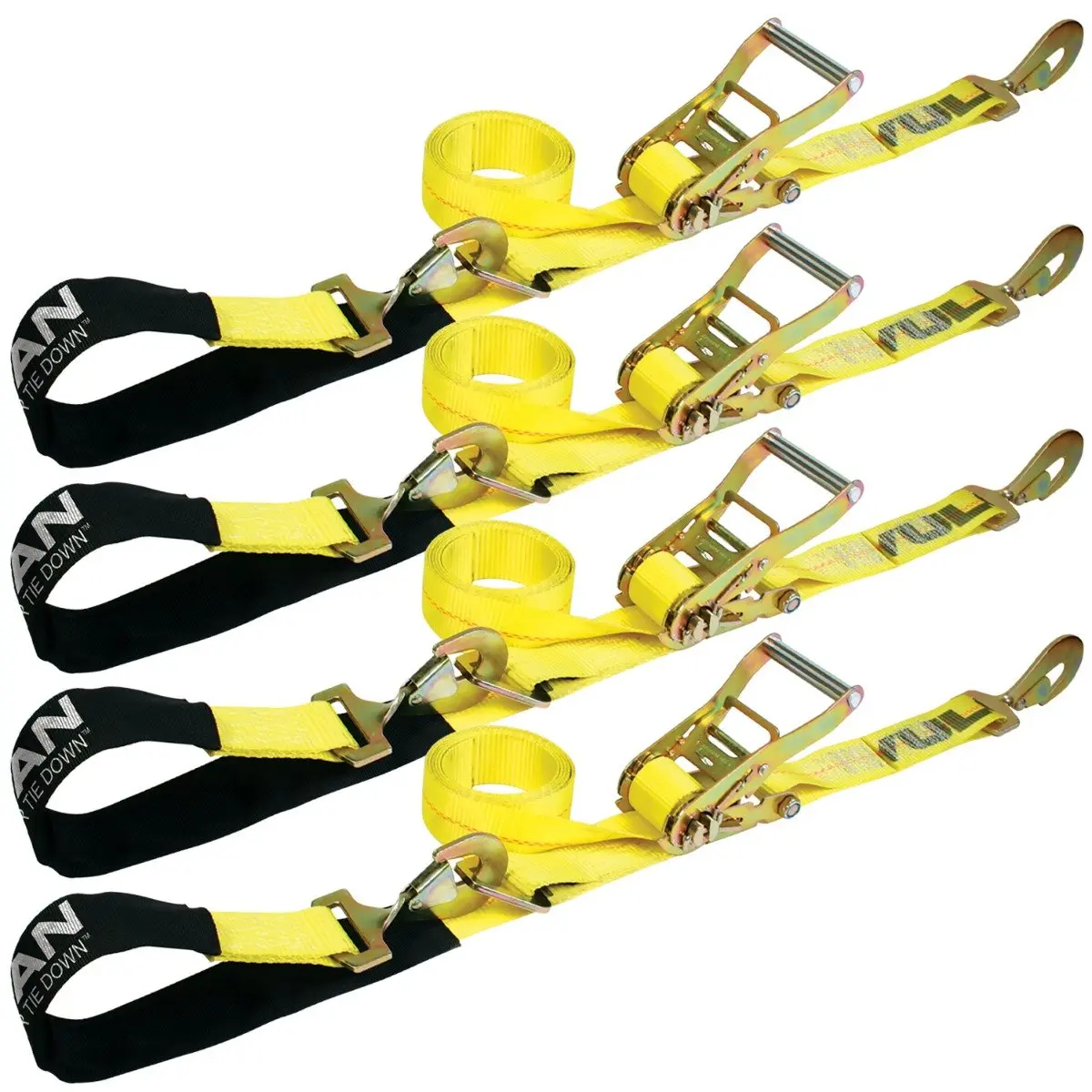 VULCAN Axle Tie Down Combo Strap with Snap Hook Ratchet - 4 Pack, 2 In x 114 In Classic Yellow Webbing, 3300 lbs Safety Working Load - Durable for Automotive & Motorcycle Use (Car Tire Repair Tool), Vehicle