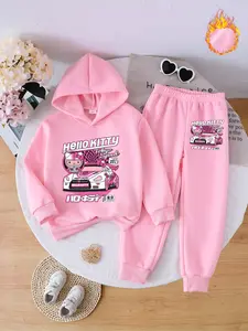 Girls' Fleece Hoodie and Pants Set, Cute Cartoon Racer Print, Casual Loose Fit, Comfortable Street Style, Ideal Gift, Hoodies