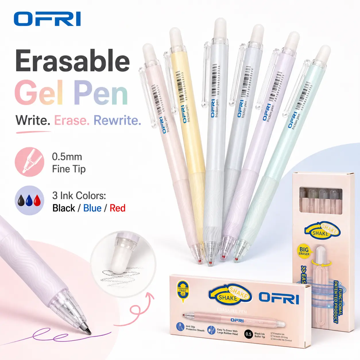 OFRI 5PCS Magic Gel Ink Friction Erasable Multicolor Pen Set - 0.5mm Fine Point Ballpen Set, Stationery Supplies for Kids, Smooth Writing Colored Gel Pens for Homework & Exam Calculations, Teacher Gift (Black, Blue, Red), Smooth Writing Pens sohochic