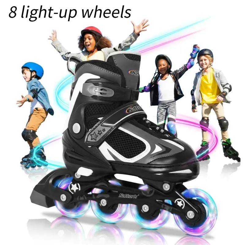 Nattork Boys' Inline Skates for Ages 4-8, 4-Size Adjustable Beginner Skates, 8 Battery-Free Light-Up 82A PU Wheels, ABEC-7 Bearings, Soft Sweat-Absorbing Liner, Toe Protection, Birthday/Christmas Gift