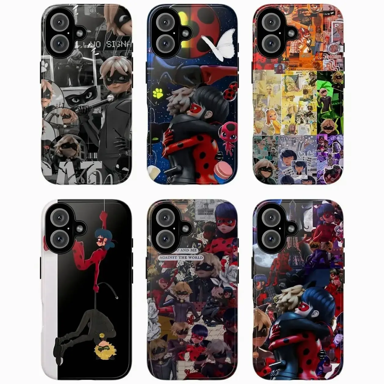 Ladybug & Cat Noir Phone Case, Miraculous Cartoon Collage Red Black Paris Eiffel Tower Characters Ladybug Cat Noir Hearts Butterflies