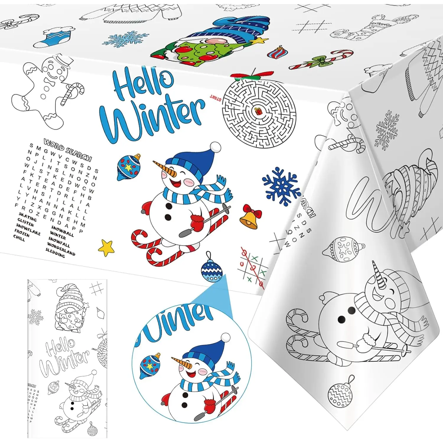 1 Pack Winter Coloring Tablecloth for Kids, Disposable Christmas Paper Tablecloth, Snowman Hello Winter Color-In Activity Table Cover for Kids Winter Christmas Holiday Party Decorations, 54 X 108 Inch Zachely