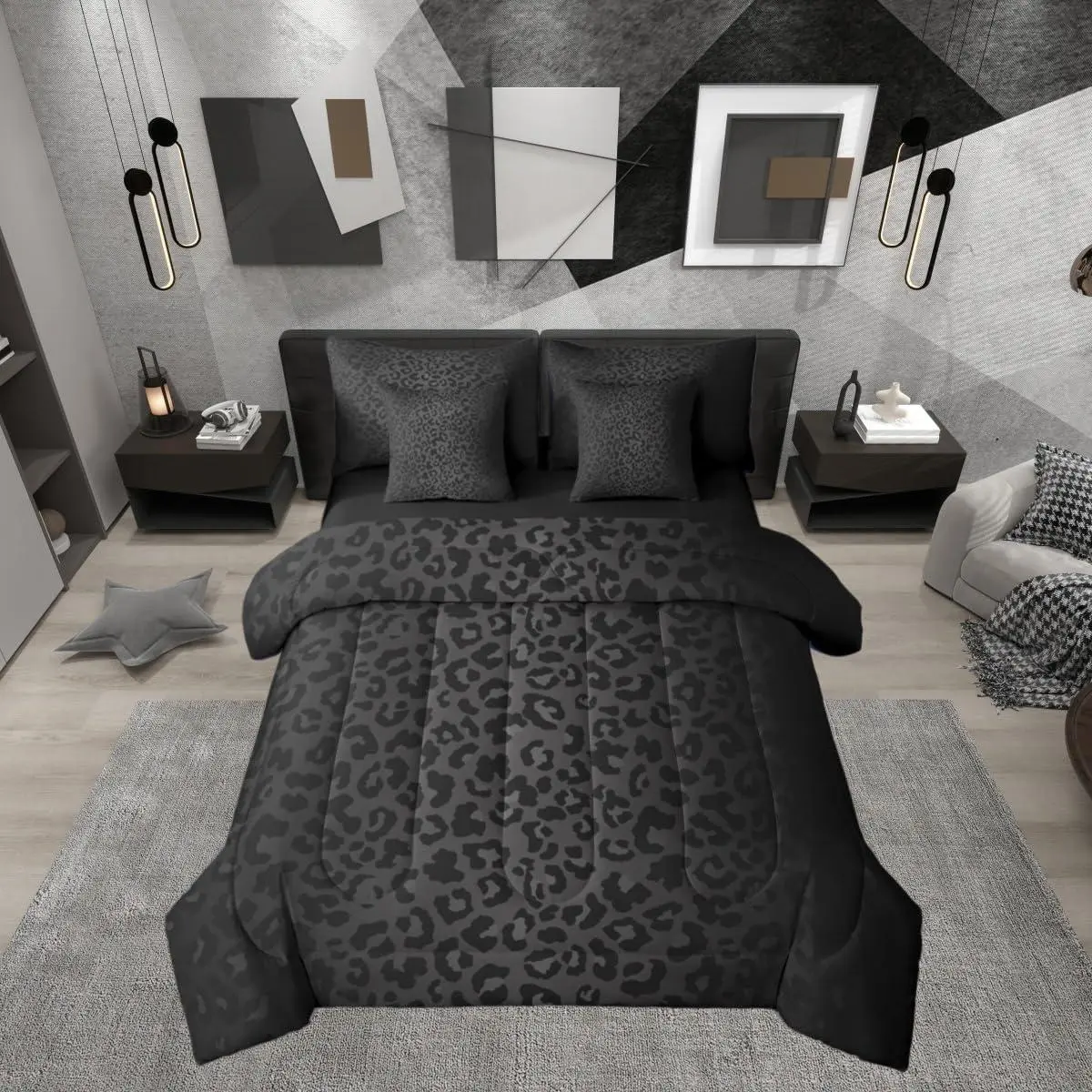 Feelyou 7-Piece Queen Comforter Set - Black Ombre Grey Leopard Print Breathable Theme Bedding Set for Adults, Fits Full & King Beds, Coastal Style, Do Not Bleach, Bed Comforter Set