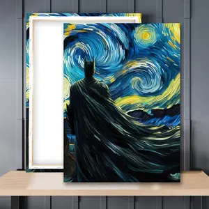 1pc Wooden Framed, Dark Knight Starry Night Poster, Van Gogh Style Art Print, Superhero-Inspired Wall Art Print Painting, Abstract Wall Pictures, Ideal For Bathroom, Bedroom, Office, Living Room, Wall, Room, Home Decoration