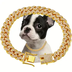 Hiphoppet Hot Selling Luxury Alloy Dog Chain Sparkling Diamond Secure Metal Choker Walking Collar for Big Dogs