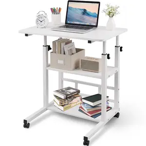 Portable Rolling Desk on Wheels Adjustable Height Desks for Small Spaces, 32" Computer Desk Drafting Tables with Storage Shelves for Home Office Rustic