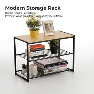 storage organization 3-Tier Industrial End Table with Storage Shelves, Modern Slim Sofa Side Table with Wood Top & Metal Frame, Multi-Purpose Nightstand Organizer for Living Room, Bedroom & Office