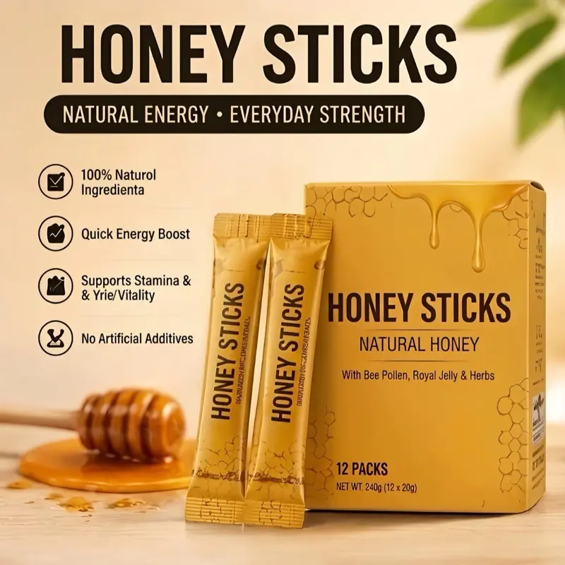 Natural Organic Honey with Bee Pollen & Royal Jelly, 12 Sachets x 20g, Pure Sweet Honey for Daily Consumption