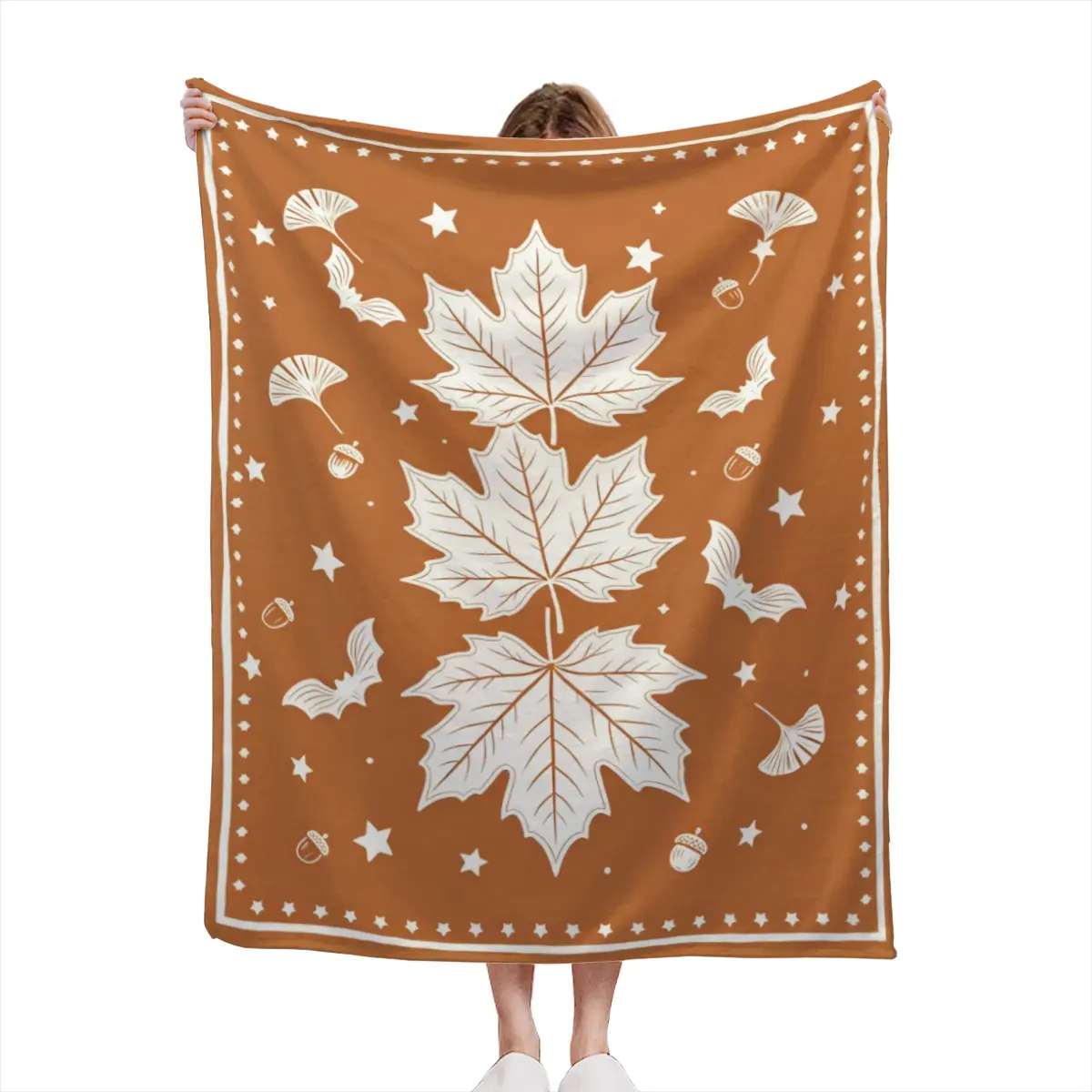 Brown Autumn Maple Leaf Throw Blanket, Fall Harvest Leaf Flannel Blanket, Cottagecore Seasonal Cozy Decor Blanket