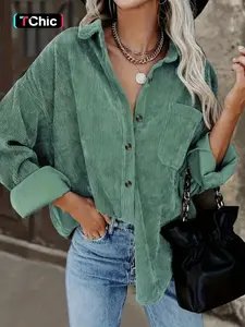 Women's Corduroy Button Blouse Shirt With Pocket, Long Sleeve Loose Drop Shoulder Style For Spring & Fall