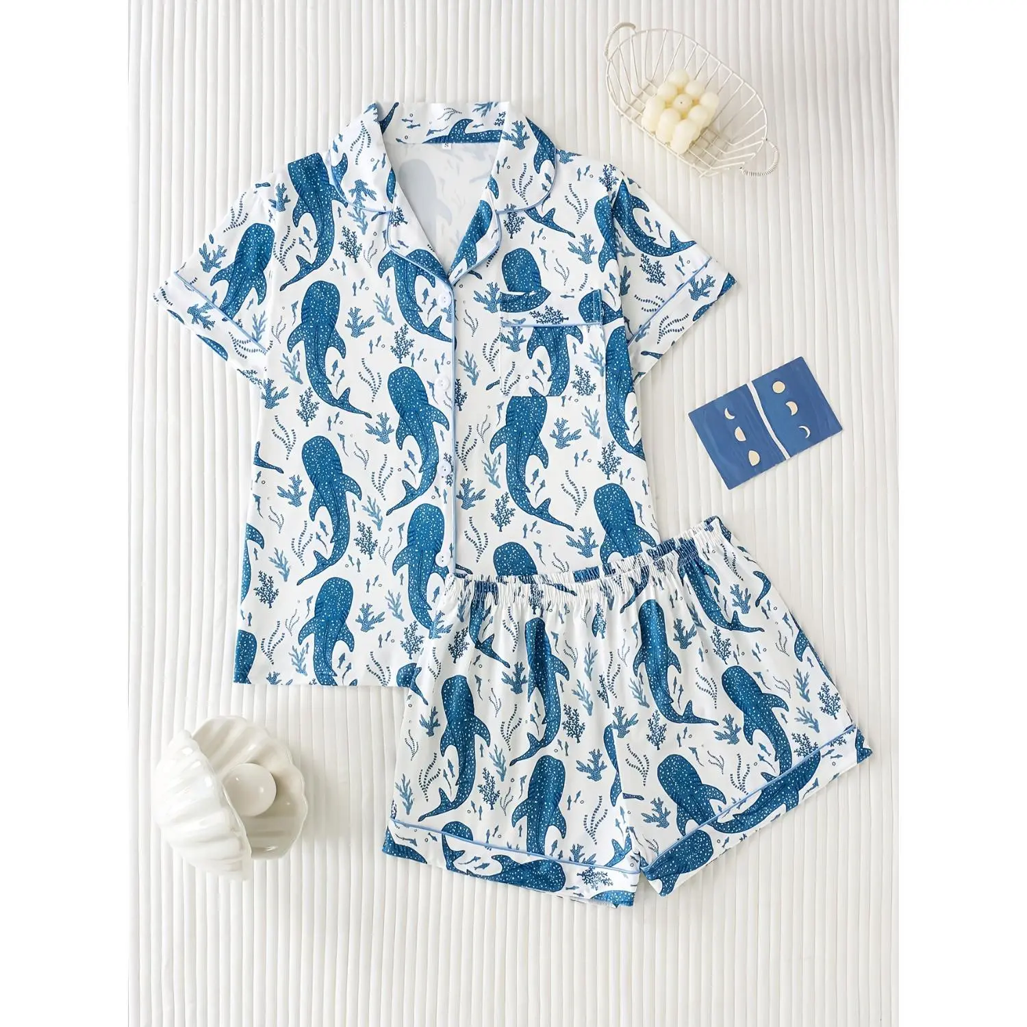 Whale Shark All-Over Print Women's Pajama Set - Soft, Skin-Friendly Fabric with Relaxed Button-Front Short-Sleeve Top and Shorts, Perfect Ocean-Inspired Sleepwear