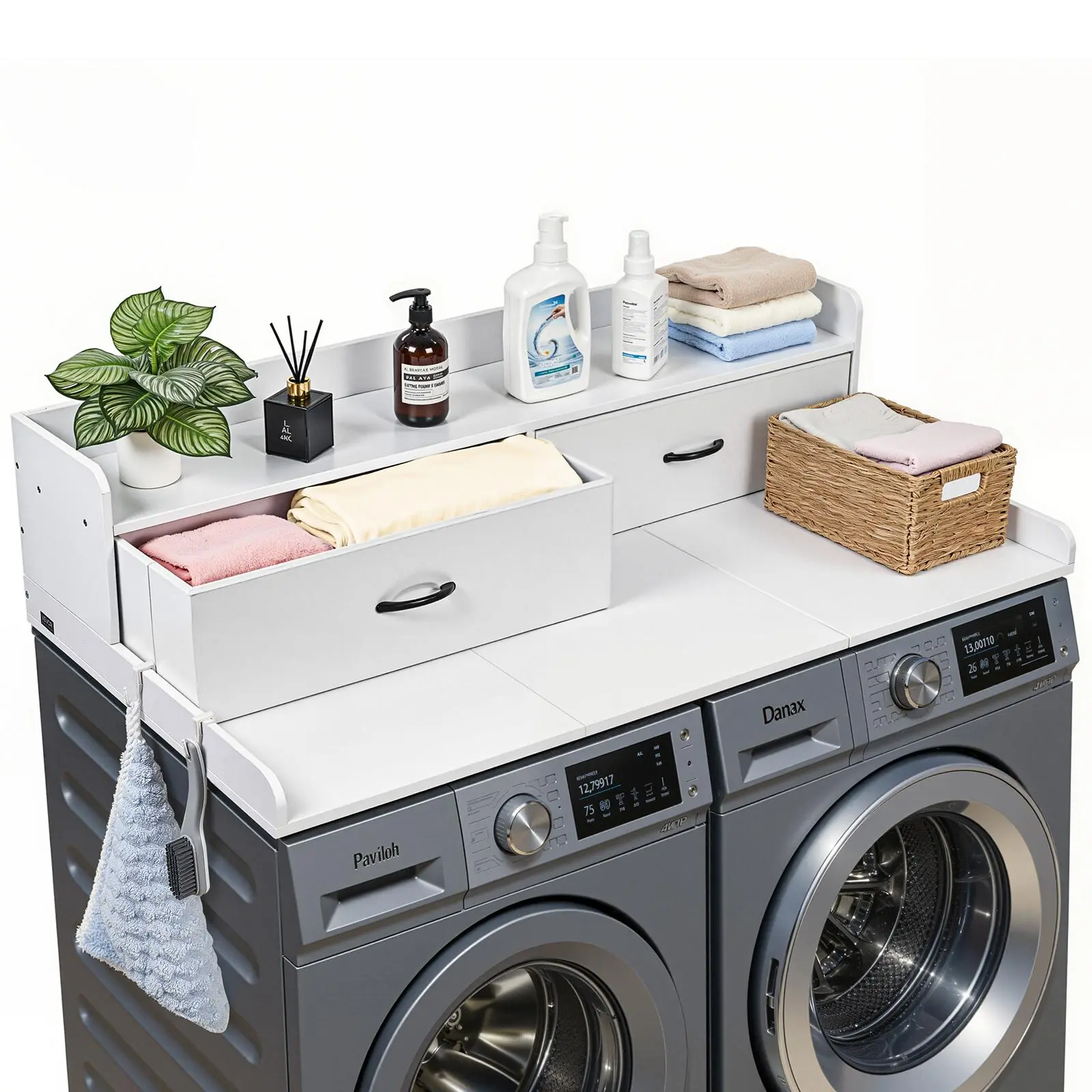 VEVOR Modern Particle Board Laundry Room Washer & Dryer Countertop with Shelf, 53.9x27.5 in (54x27.5") Organizer, 2 Drawers, 2 Hooks, 250 lbs Capacity, Off-Ground Rack for Detergent Storage, Closet