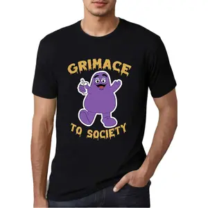 Grimace "Grimace to Society" Graphic Tee for Men - Purple Cartoon Character Cotton T-Shirt, Breathable Casual Short Sleeve for All Seasons | Retro McD's Inspired Shirt