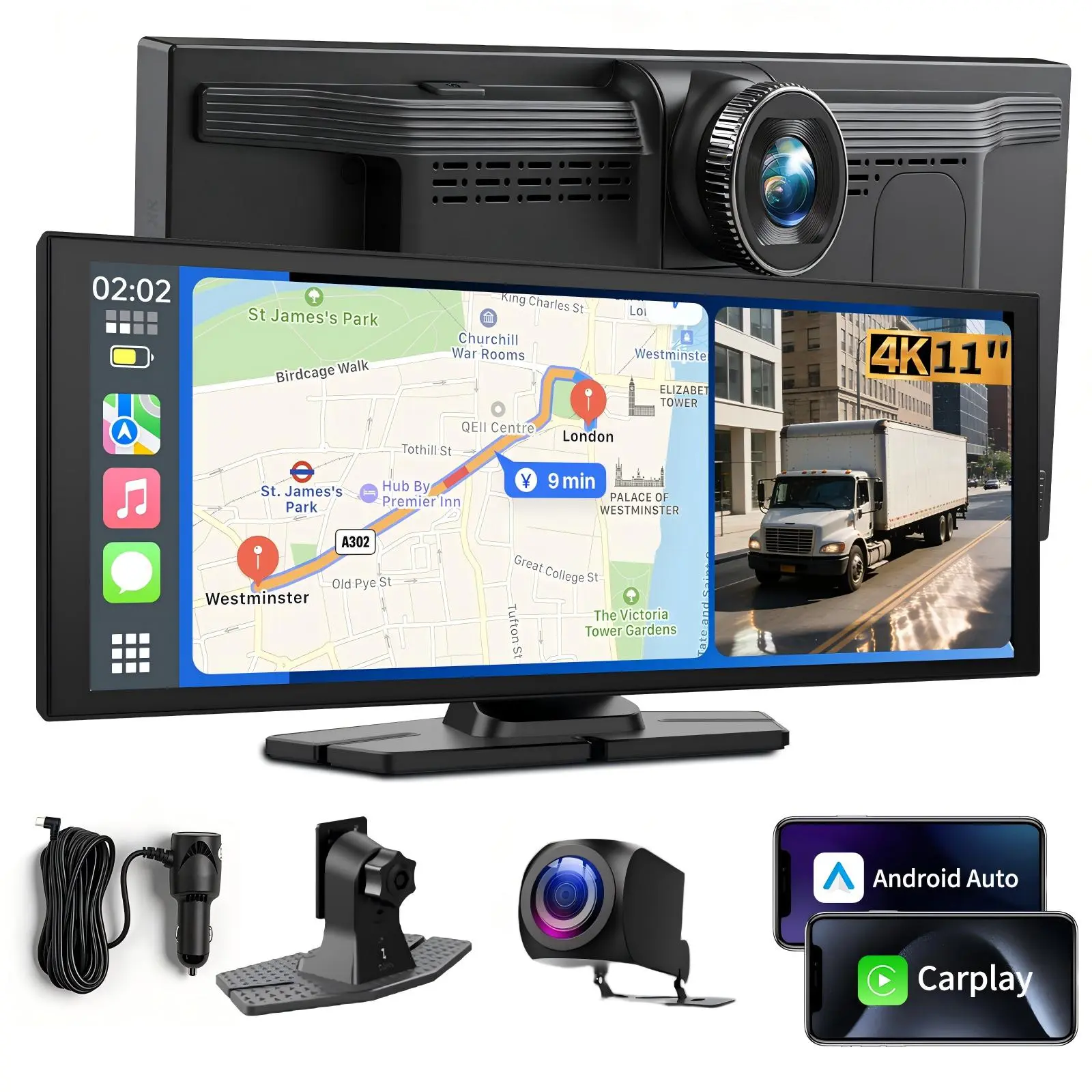 ConewVehicle 11.4“ Portable Apple Carplay Screen,Large Touch Screen,Car Stereo Wireless CarPlay & Android Auto,4K Dash Cam,supports Youtube/Netflix/TikTok Apps with 1080P Parking Backup Camera, Mirror Link/Voice Control/Music Play/GPS Navigation fathersda
