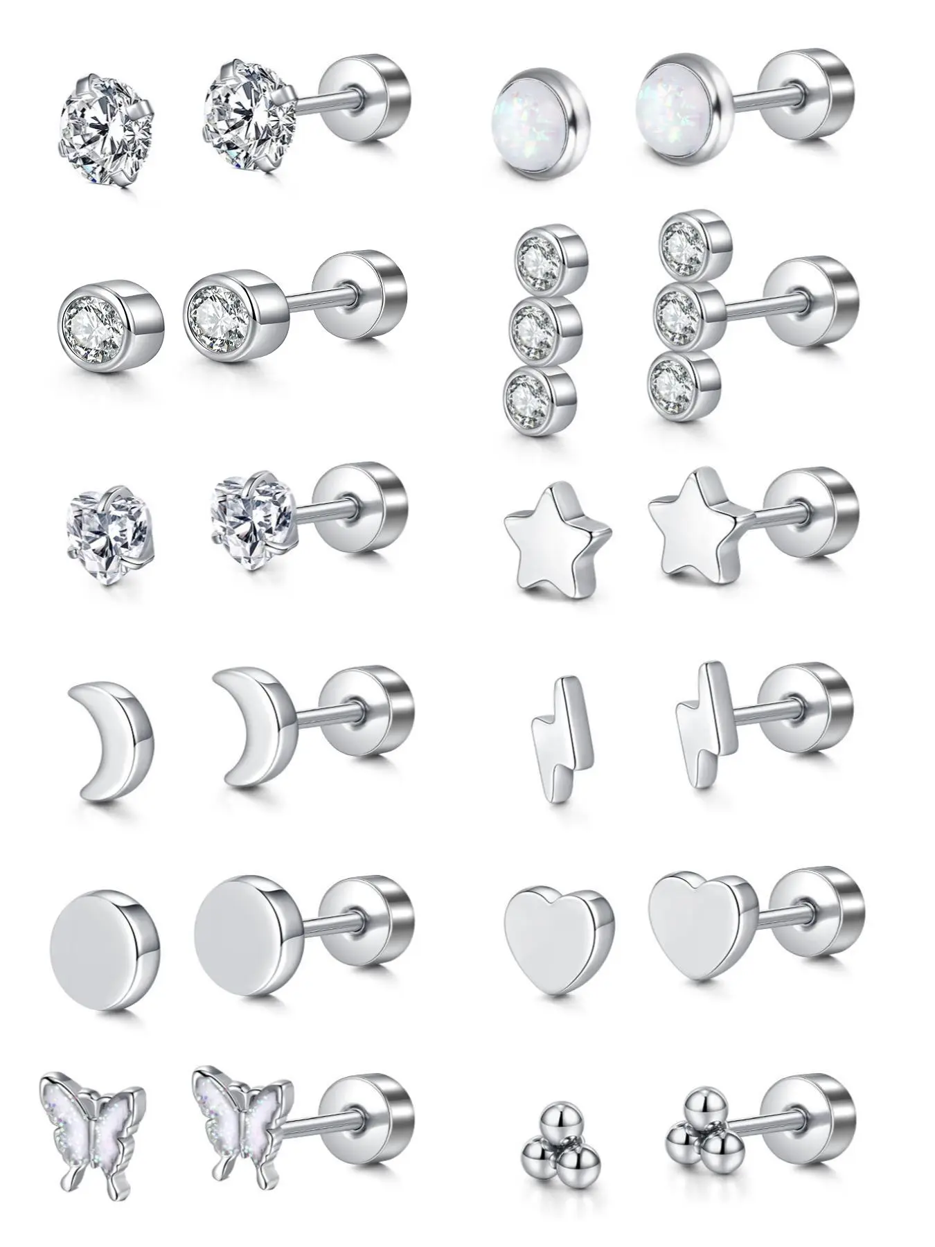 Stainless Steel Earrings Set, Fashionable Earrings, Threaded Flat Bottom Ear Bone Studs, Fashion Men's and Women's Ear Jewelry, Available as Gifts, Casual Trendy Jewelry