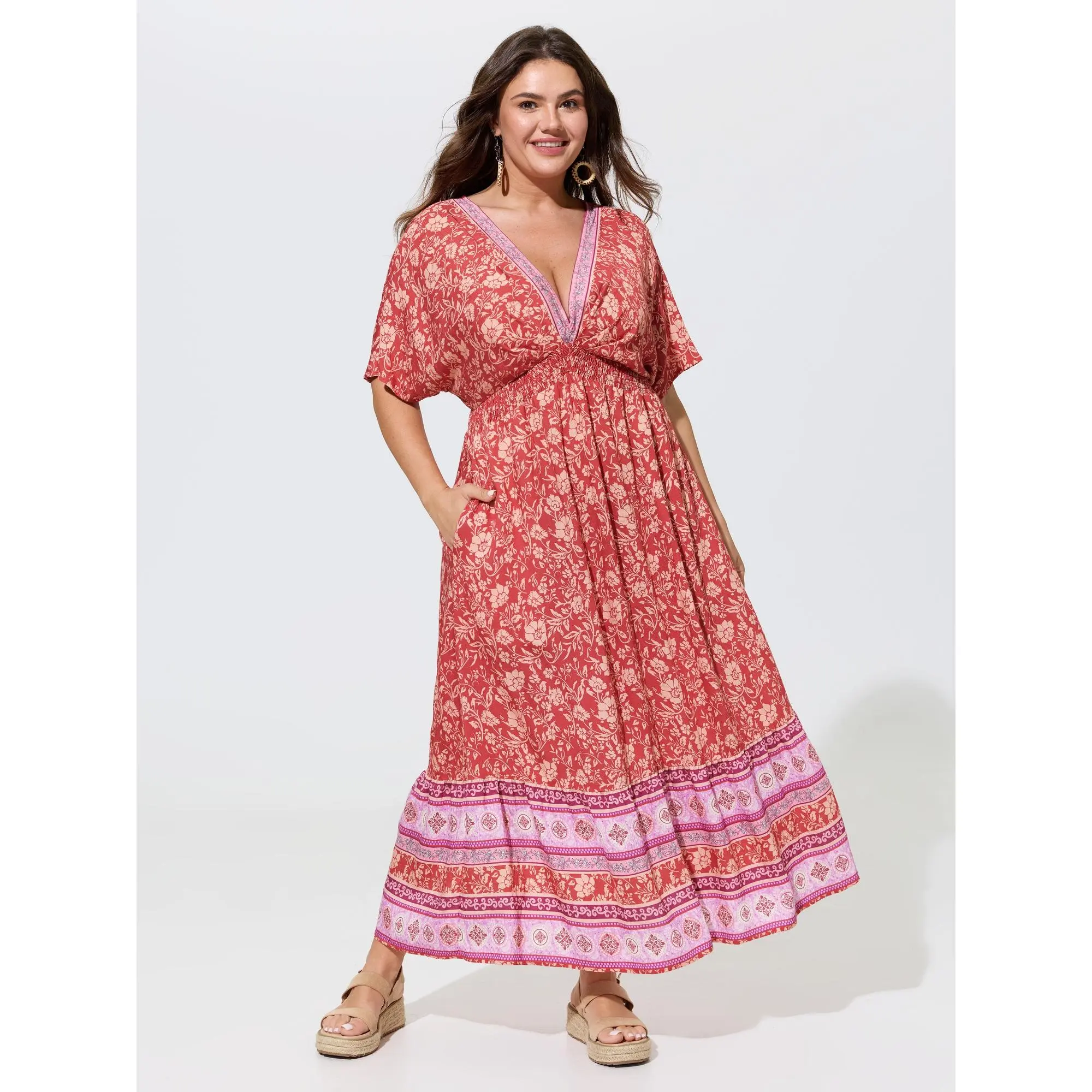 BloomChic Women's Plus Size Bohemian Floral Patchwork Rayon Blend Maxi Dress - Casual Summer Short-Sleeve V-Neck with Smocked Waist, Nylon Accents, Pocket, Smooth Fabric, Curvy Cut, Machine Washable, Floral Print
