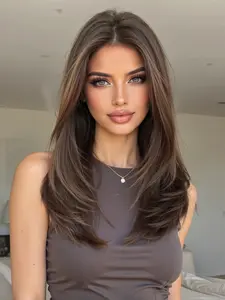 13x6 Lace Front Wig, Lace Frontal Wigs, Synthetic Hair with Layers, Natural Look, Medium Length Wigs with Bangs, All Seasons Wear