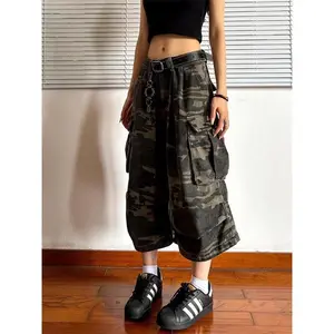 Women Streetwear Summer Camouflage Loose Capris Cargo Shorts Pocket Short Pants Bottom  Trousers 2000s Alt Clothes Outfits Womenswear Check Print