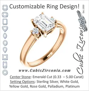 Cubic Zirconia Engagement Ring- The Jacqueline (Customizable Emerald Cut 3-stone with Thin Band and Dual Round Prong Accents)