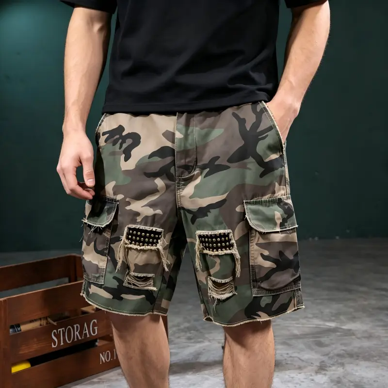 Men's Camouflage Cargo Shorts - Frayed, Fashion Graffiti Print, Loose-Fit Punk-Style, Elastic Athletic Waist, Above-Knee, Multi-Functional Pockets, Casual Streetwear & Gym Wear, Menswear Casual Sports Shorts, Camo Shorts