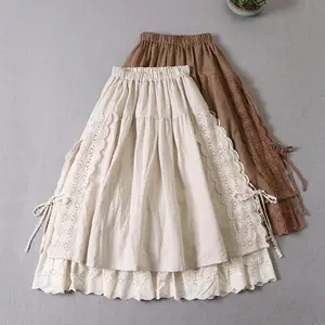 Women's Japanese Mori Girl A-Line Skirt, Spring Linen Lace Patchwork Midi Skirt, Literary Embroidery Double Layer Inner Lining Casual Flowy Skirt