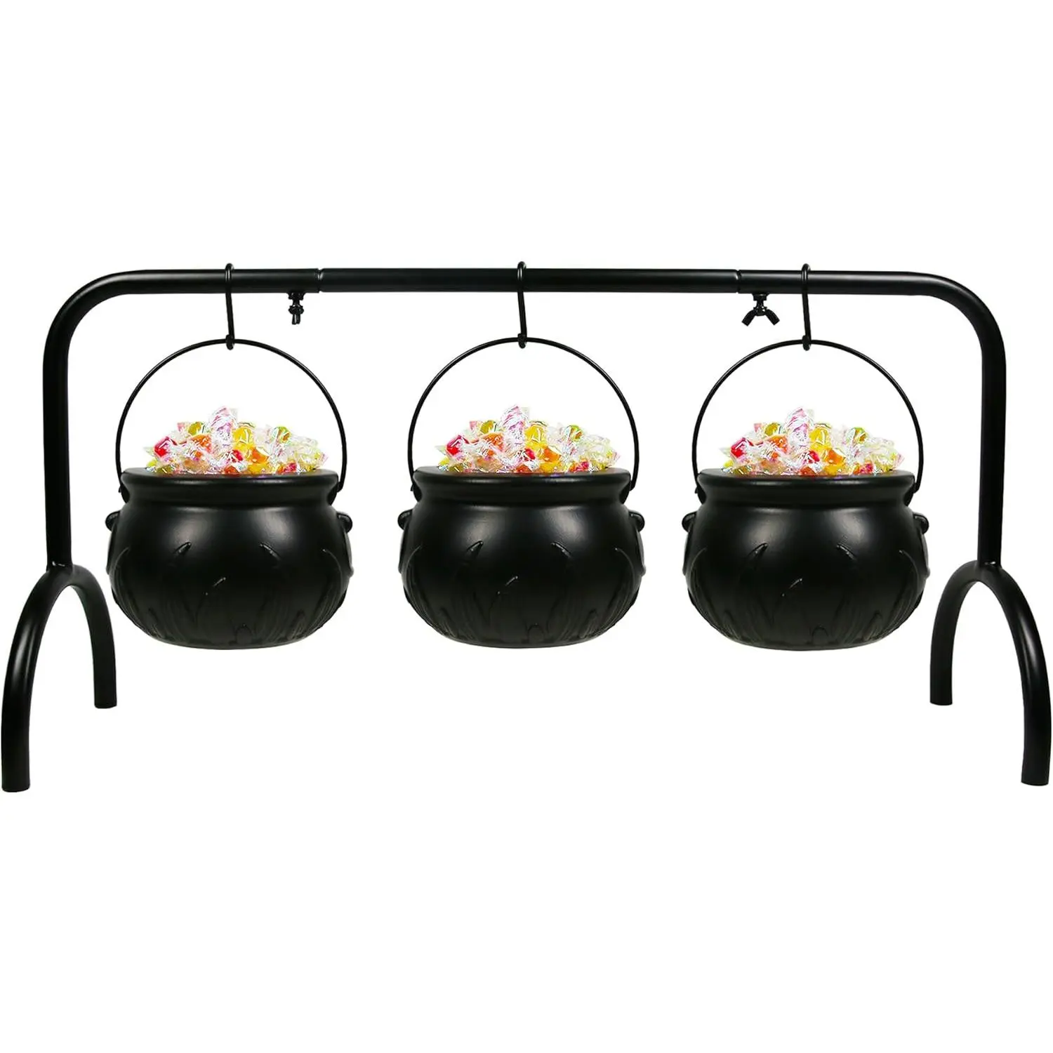 3-Piece Metal Halloween Cauldron on Rack Set - Witch Serving Bowls, Candy Bowl, Black Plastic Festive Party Decor, Gift for Home Supplies