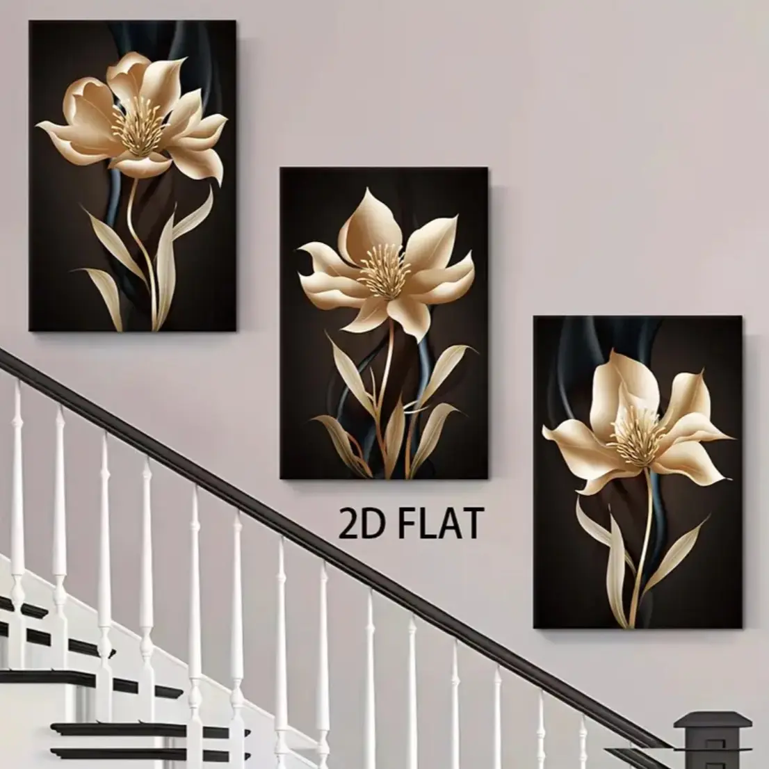 3 frameless abstract oil paintings of black and gold flowers, modern Bohemian mural decorations for living rooms and home offices, mural canvas paintings, Modern Abstract Design, Floral Boho Print, Canvas Art Wall, Aesthetic wall decor