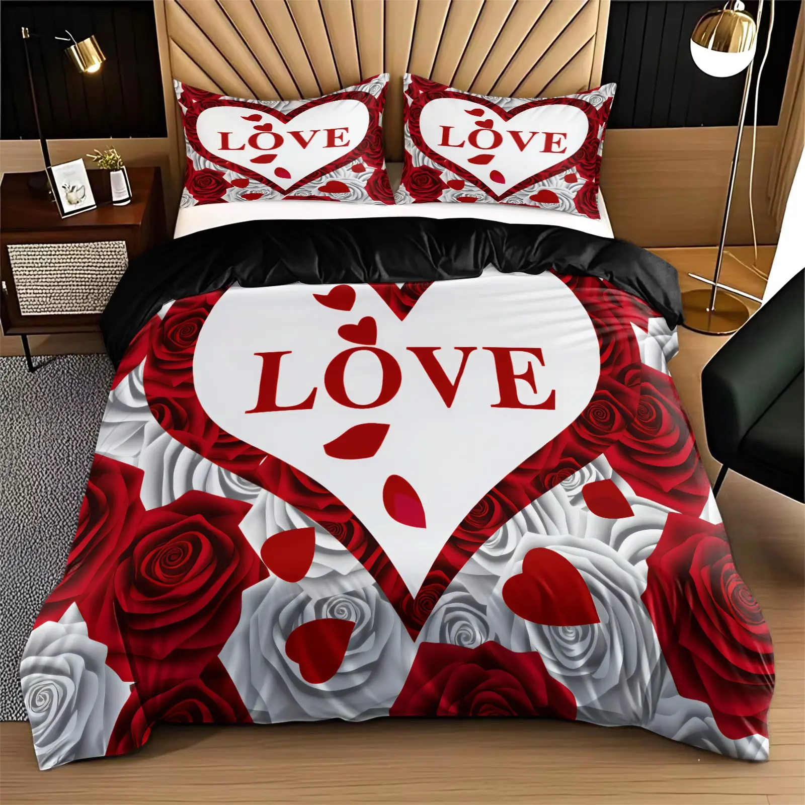 3-Piece Valentine's Day Digital Print Floral Decorative Printed Bedding Set, Soft Breathable Fabric, All-Season Use, Bedroom & Guest Room Decor