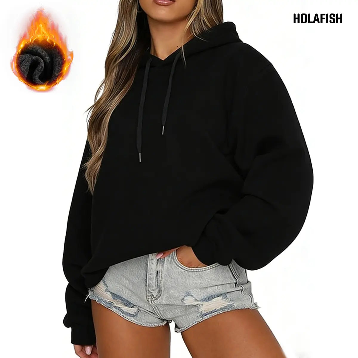 Holafish New Color Women's Oversized Thick Fleece Hooded Pullover Sweatshirt - Long Sleeves, Cotton Fabric, Kangaroo Pocket, Casual Solid Design for Party, Biking