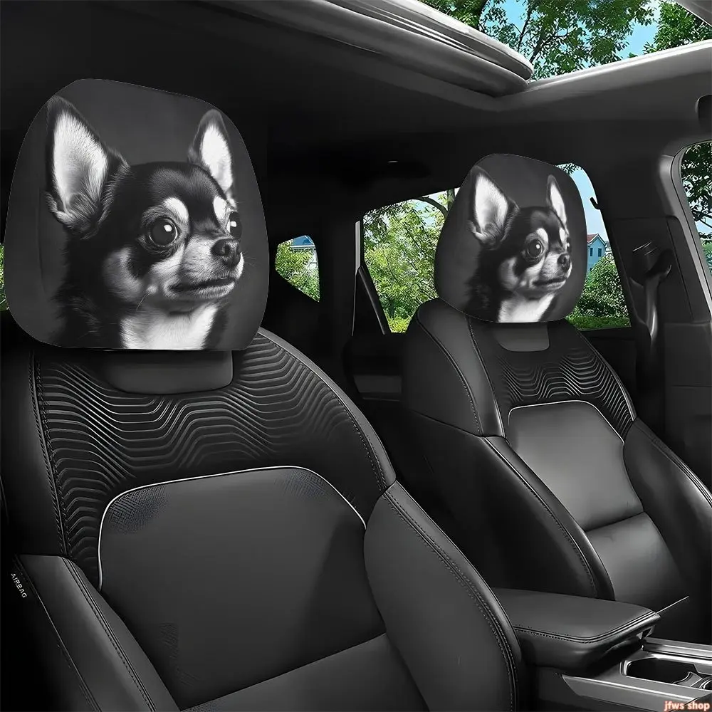 2pcs, Cute Chihuahua Style Printed Car Headrest Covers, Car Interior Decoration, Easy to Install and Wash, Suitable for Daily Commute, Weekend Outings, Long Trips, etc., Perfect for Fun and Quirky Car Decorations, Christmas and Halloween Decorations, All