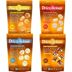 Drizzilicious Mini Rice Cakes 4 Pack – Cinnamon Swirl, French Toast, Birthday Cake & S’mores | 4 oz Bags | Snack Rice Crispy Chocolate Crunchy Flavor