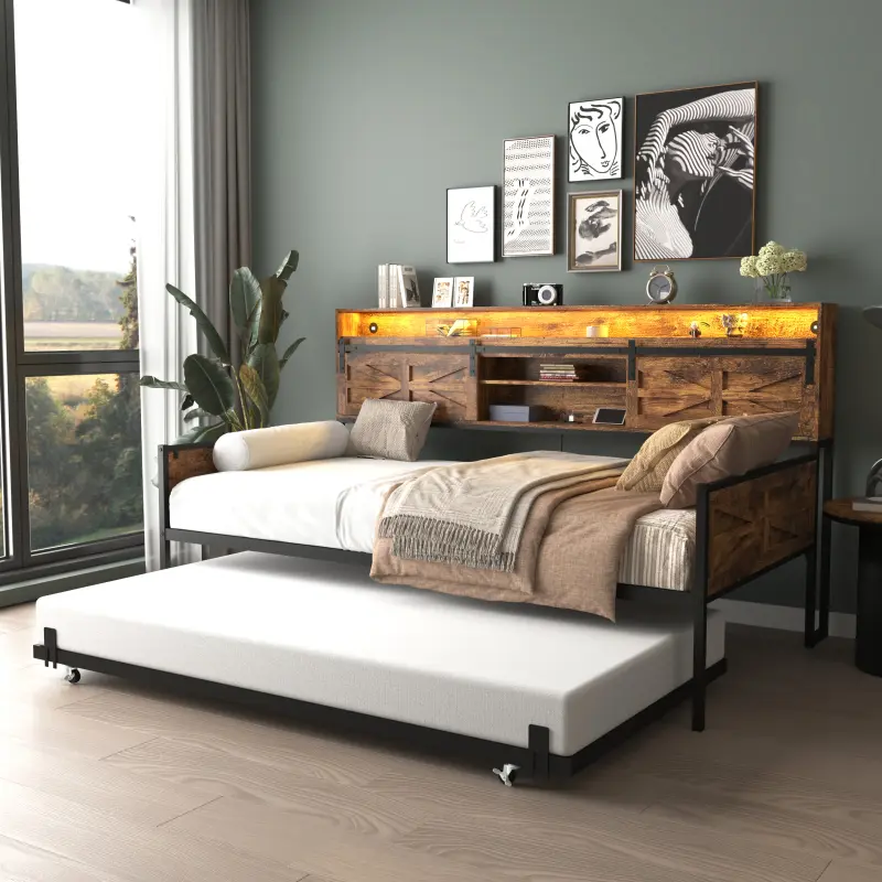 Twin Size LED Daybed with Trundle and USB, Charging Station, Farmhouse Wood Daybed Frame with Sliding Barn Door Bookcase Headboard and LED Light for Bedroom and Guest Room, Rustic Brown