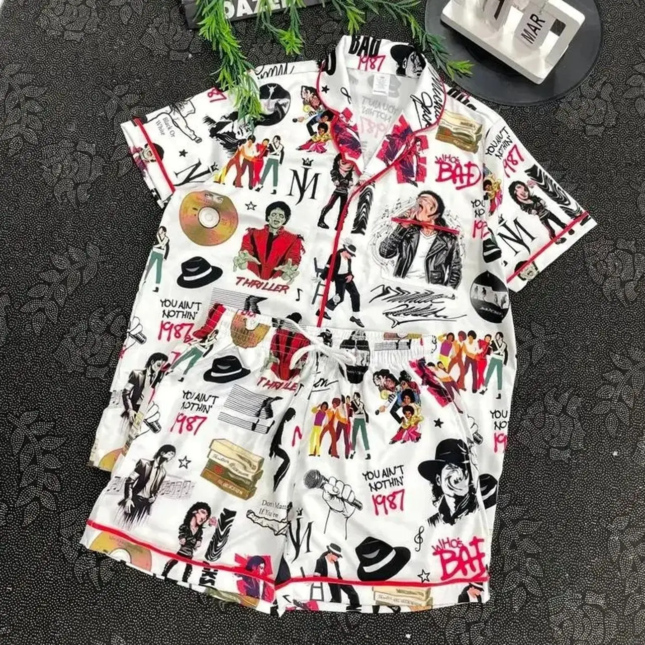 Pop Music Inspired Satin Short Pajama Set, Retro Music Lover Sleepwear for Men Women Kids