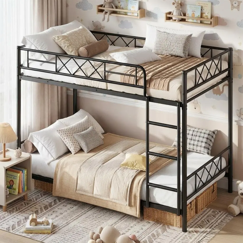 Garvee Twin Over Twin Bunk Bed for Kids, Teens & Adults, Heavy Duty 2-Tier Bed with Stairs, Full-Length Guardrails, Metal Slats, No Box Spring Needed, Space-Saving Design, Black