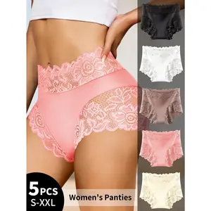 QUASTI 5 Piece Mid-Waisted Contrast Lace Underwear For Elegant Ladies - Full-brief Semi-Sheer Panties with High-Waistband, Soft Stretch Comfortable & Elegant Lace Lingerie, S-XXL SpringStatements