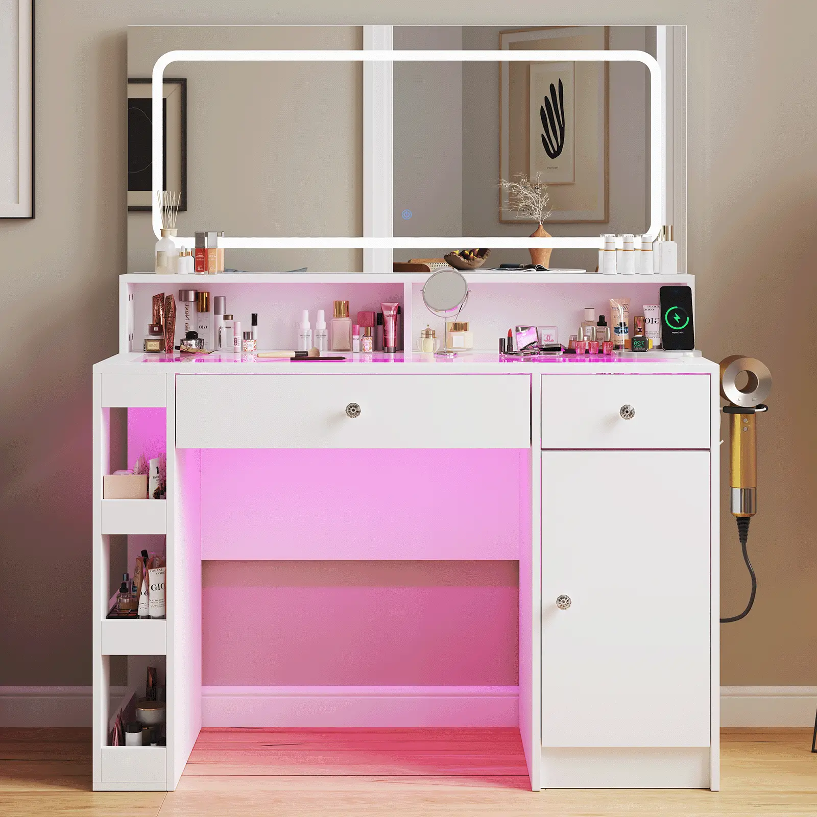 LED RGB Vanity Desk with Lighted Hollywood Mirror, Large Modern Makeup Dressing Table with Power Outlet & Illuminated Drawers for Bedroom