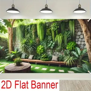 1PC Polyester 2D Flat Banner - Summervibes Visual Simulation Green Plant Backdrop, Reusable Photo Booth/Photo Shooting Cloth, Outdoor Garden Backyard Decor, Living Room Wall Hanging,summervibes