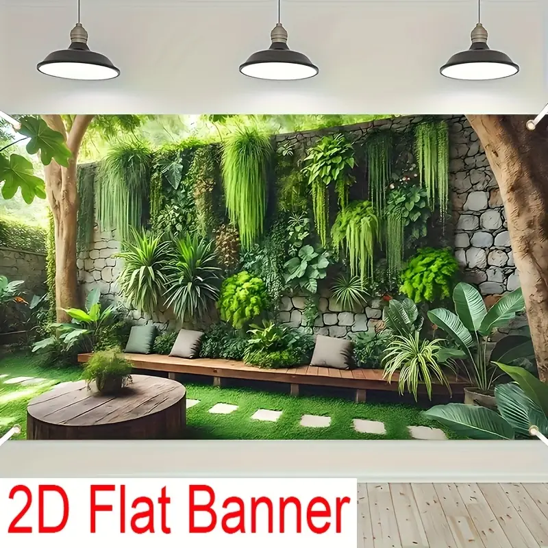 1PC Polyester 2D Flat Banner - Visual Simulation Green Plant Backdrop, Reusable Photo Booth/Photo Shooting Cloth, Birthday Party Decor, Outdoor Garden Backyard Or Living Room Wall Hanging, Happy Birthday, One-Piece