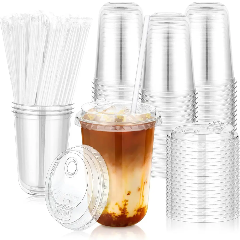 50Pcs 16oz Clear Plastic Cups with Sip Lids & Straws,Disposable Elevated Dual-hole Lid Round Bottom To Go Cup for Iced Coffee Cold Beverage Juice Smoothie Lemonade Party Catering Supplies - Home Improvement.