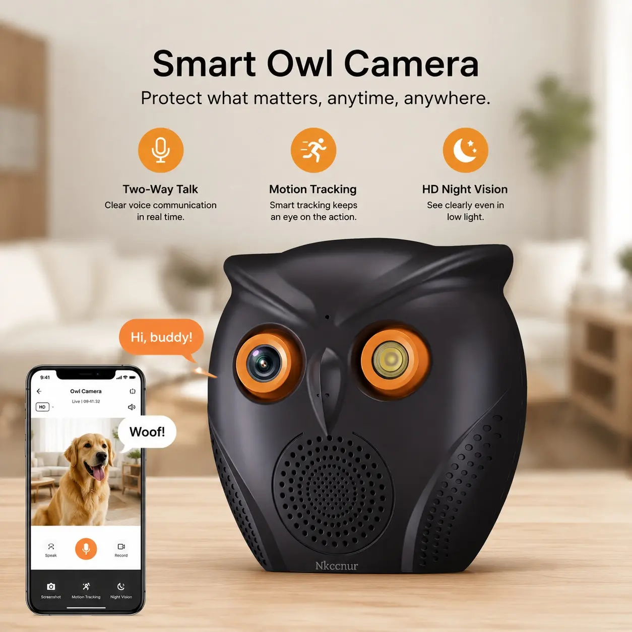 NKCCNUR 1080P WiFi home security camera, 120° wide-angle, two-way audio - indoor surveillance camera with speaker and video function.