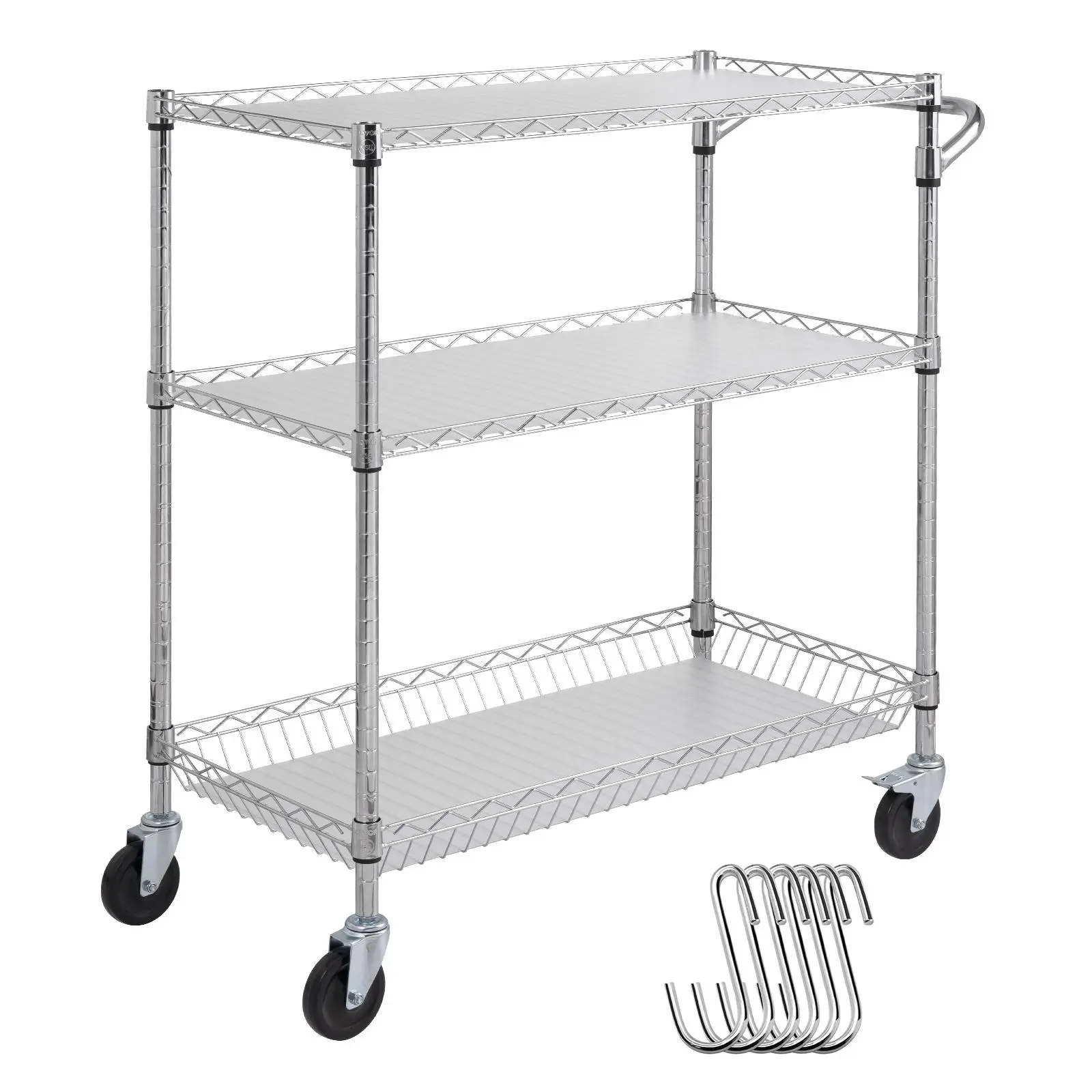 【Summerfinds】VEVOR Kitchen Utility Cart, 3 Tiers, Wire Rolling Cart with 661LBS Capacity, Steel Service Cart on Wheels, Metal Storage Trolley with 80mm Basket Curved Handle PP Liner 6 Hooks, for Indoor and Outdoor Organiser Racks
